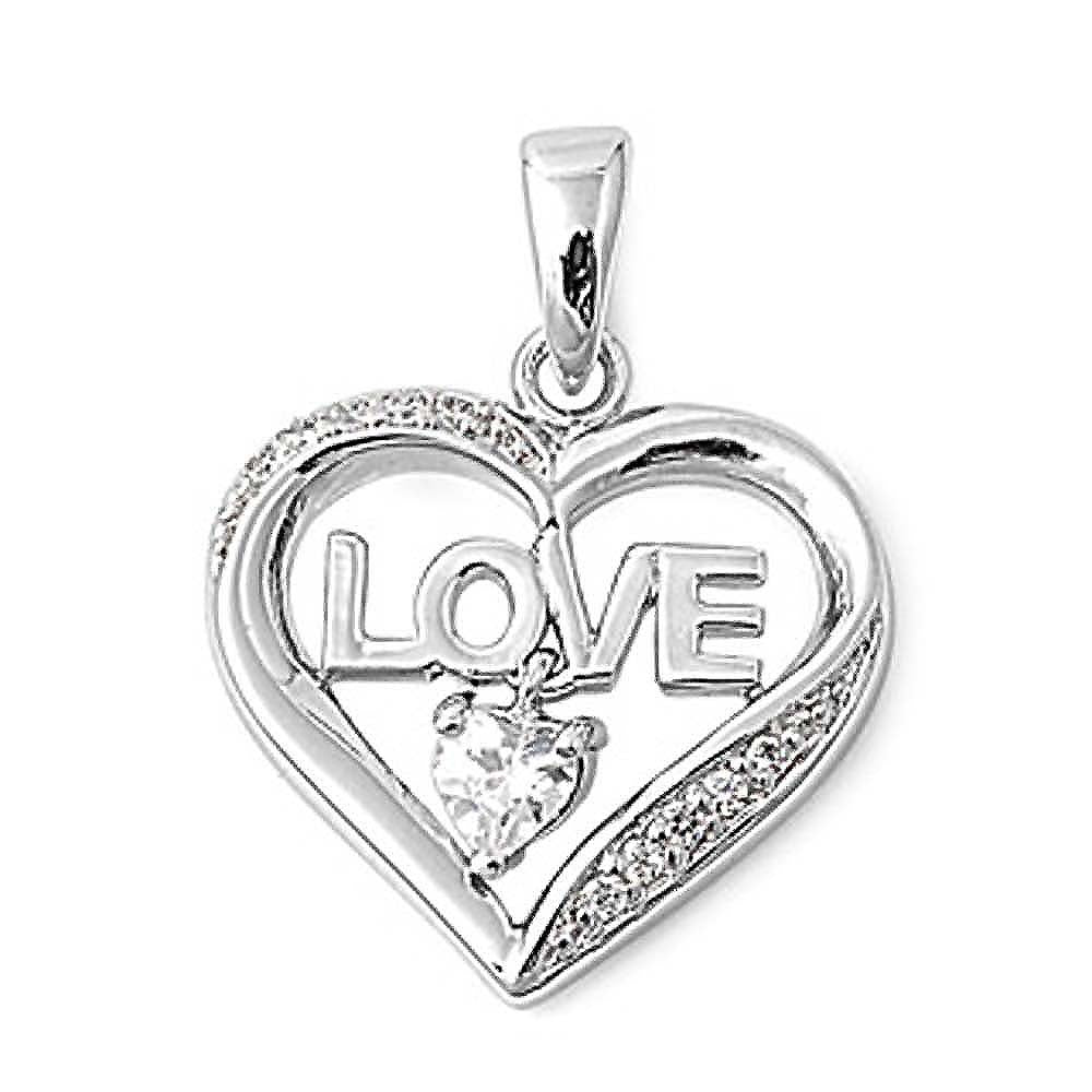 Sterling Silver Fancy Heart Pendant with Centered  LOVE  Design and Clear Simulated Diamond Heart