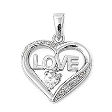 Load image into Gallery viewer, Sterling Silver Fancy Heart Pendant with Centered  LOVE  Design and Clear Simulated Diamond Heart
