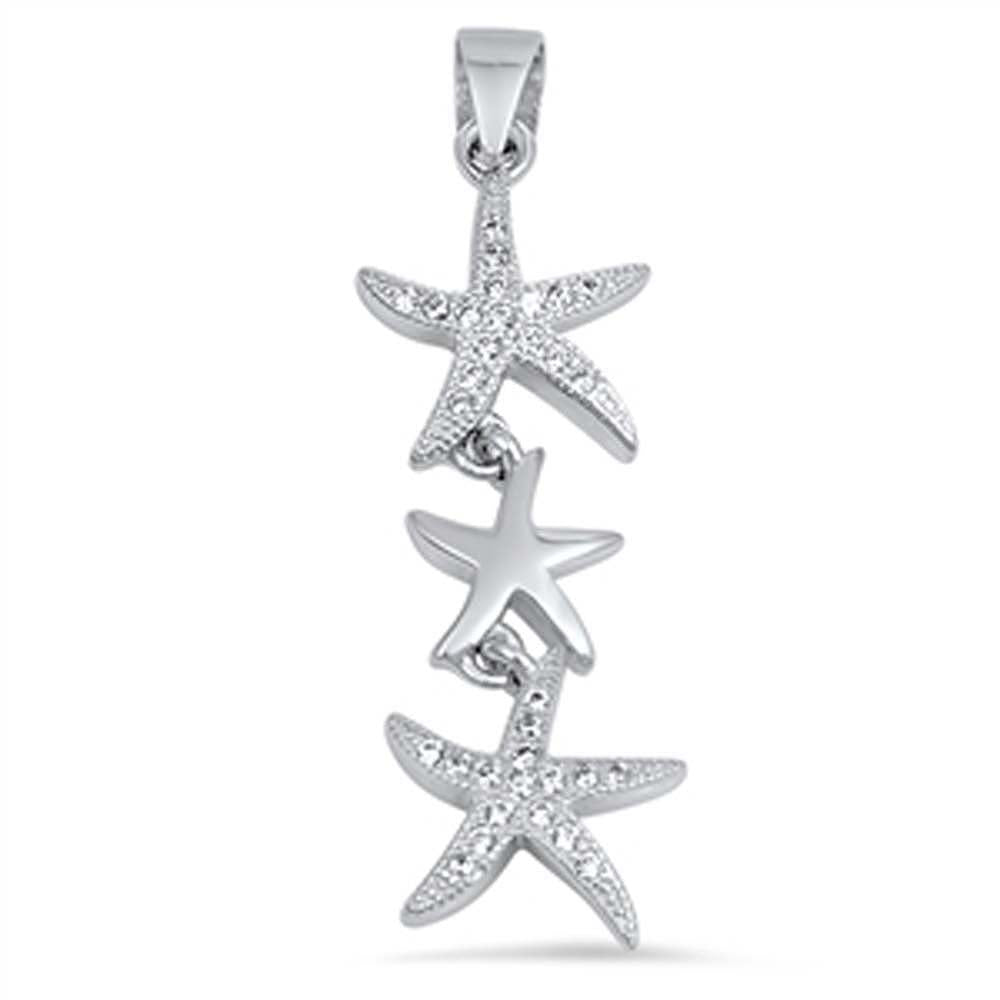 Sterling Silver Fancy Three Dangle Starfishes Pendant Embedded with Clear Cz StonesAnd Pendant Height of 33MM