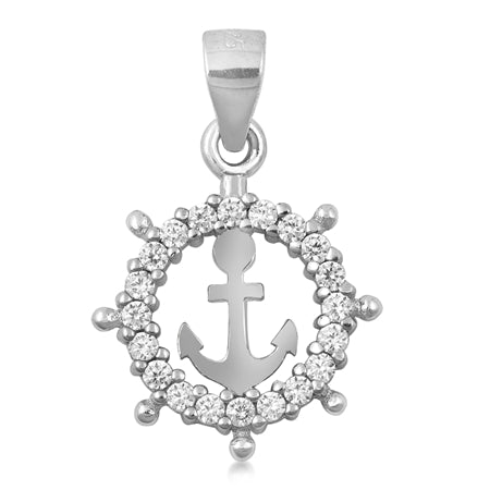 Sterling Silver Helm And Anchor Clear CZ Pendant Pendant Height-14mm