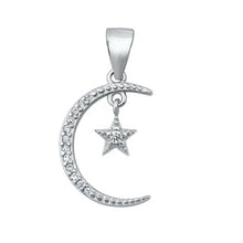 Load image into Gallery viewer, Sterling Silver Moon And Dangling Star Clear CZ Pendant Pendant Height-15mm