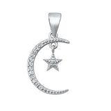 Sterling Silver Moon And Dangling Star Clear CZ Pendant Pendant Height-15mm