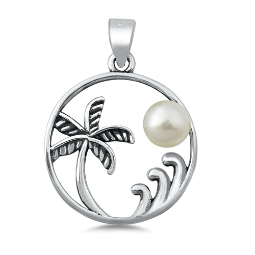 Sterling Silver Palm Tree And Waves Freshwater Pearl Pendant Pendant Height-19mm