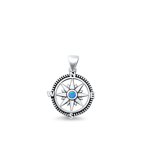 Sterling Silver Oxidized Compass Blue Lab Opal Pendant Face Height-16.5mm