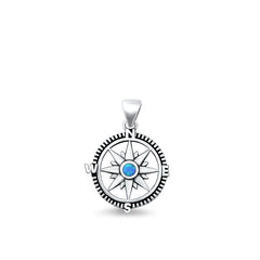 Sterling Silver Oxidized Compass Blue Lab Opal Pendant Face Height-16.5mm