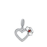 Sterling Silver Rhodium Plated Heart Nurse Hat Clear CZ Pendant Pendant Height-18mm