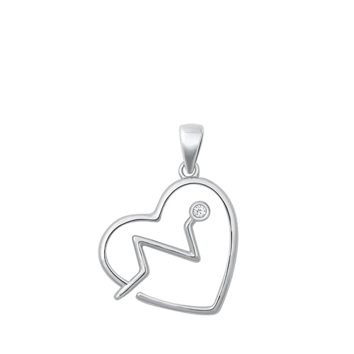 Sterling Silver Rhodium Plated Lifeline Heart Clear CZ Pendant Pendant Height-16.5mm