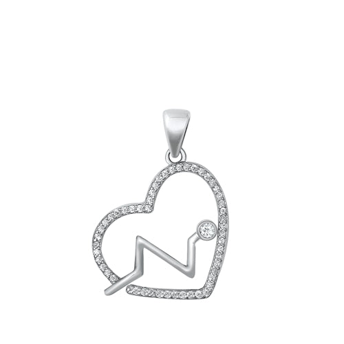 Sterling Silver Rhodium Plated Heart Lifeline Clear CZ Pendant Pendant Height-16.5mm
