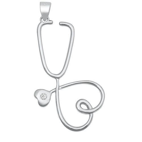Sterling Silver Rhodium Plated Heart Stethoscope Clear CZ Pendant Pendant Height-22mm