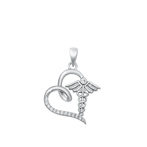 Sterling Silver Rhodium Plated Heart Caduceus Clear CZ Pendant Pendant Height-15mm
