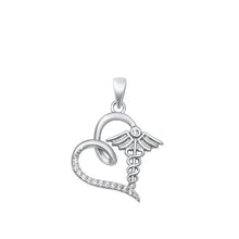 Load image into Gallery viewer, Sterling Silver Rhodium Plated Heart Caduceus Clear CZ Pendant Pendant Height-15mm