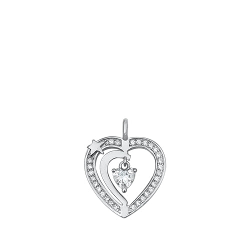Sterling Silver Rhodium Plated Dangling Heart Clear CZ Pendant Pendant Height-15mm
