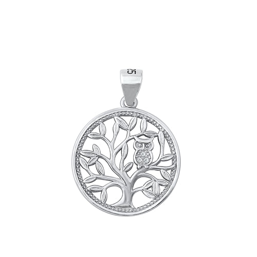 Sterling Silver Rhodium Plated Owl And Tree Clear CZ Pendant Face Height-20mm