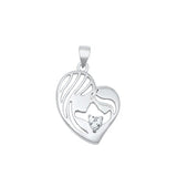 Sterling Silver Rhodium Plated Heart Mom And Daughter Clear CZ Pendant Face Height-21.3mm