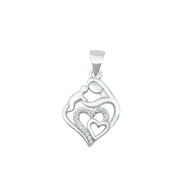 Sterling Silver Rhodium Plated Heart Parent And Child Clear CZ Pendant Face Height-18mm