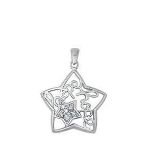 Sterling Silver Rhodium Plated Hope And Star Clear CZ Pendant Face Height-22mm