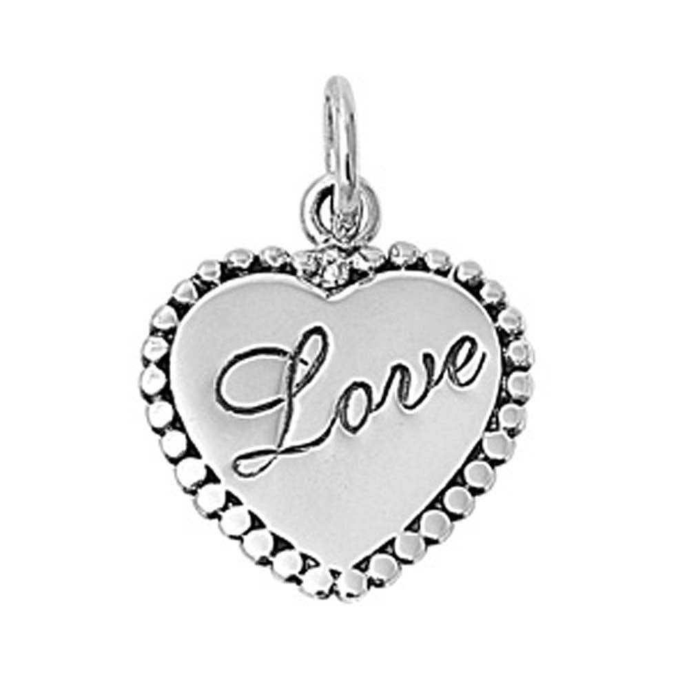 Sterling Silver Fancy Heart Beaded Edge Engraved with  Love  PendantAnd Pendant Height of 14MM