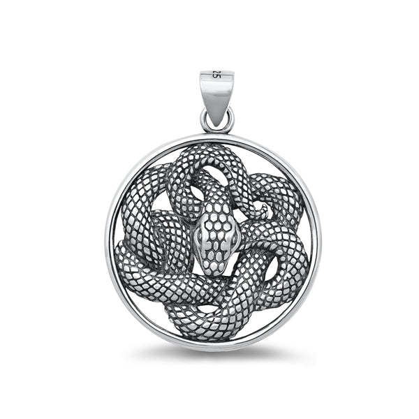 Sterling Silver Oxidized Circle Snake Pendant Face Height-26.5mm