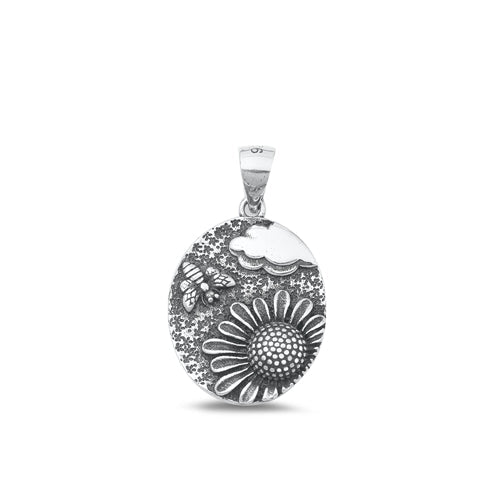 Sterling Silver Oxidized Sunflower And Bee Plain Pendant Face Height-19.8mm