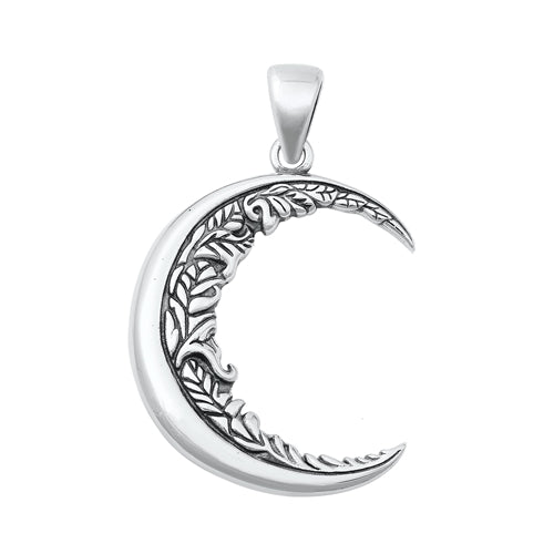 Sterling Silver Oxidized Moon And Vines Plain Pendant Face Height-30mm