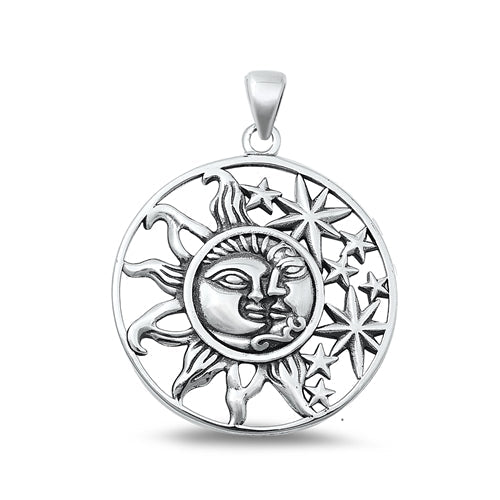 Sterling Silver Oxidized Moon, Sun And Stars Plain Pendant Face Height-29.5mm