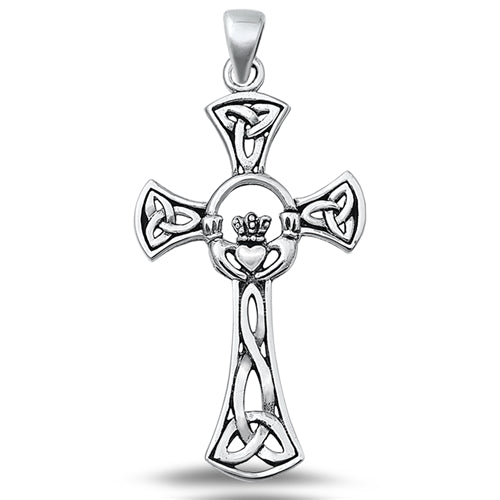 Sterling Silver Oxidized Claddagh Celtic Cross Plain Pendant Face Height-40.3mm