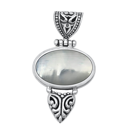 Sterling Silver Oxidized Bali Style Genuine Mother of Pearl Stone Pendant