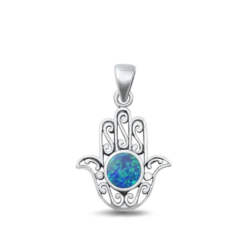 Sterling Silver Oxidized Blue Lab Opal Hamsa Pendant Face Height-20.5mm