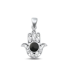 Sterling Silver Oxidized Black Agate Hamsa Pendant Face Height-19.6mm