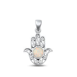 Sterling Silver Oxidized White Lab Opal Hamsa Pendant Face Height-20.5mm