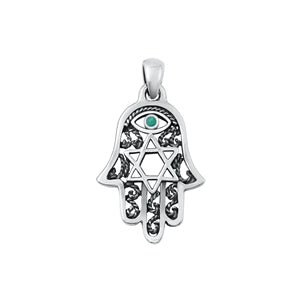 Sterling Silver Oxidized Hamsa and Star of David Genuine Turquoise Pendant