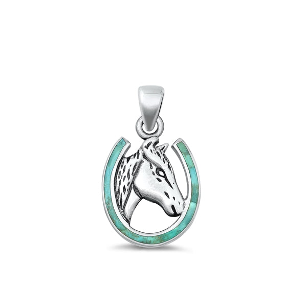 Sterling Silver Oxidized Horse Genuine Turquoise Pendant Face Height-16.8mm