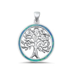Sterling Silver Oxidized Tree Of Life Blue Lab Opal Pendant Face Height-27mm