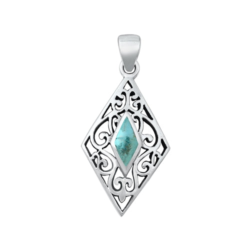 Sterling Silver Oxidized Diamond Cut Genuine Turquoise Pendant Face Height-27.5mm