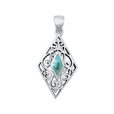 Sterling Silver Oxidized Diamond Cut Genuine Turquoise Pendant Face Height-27.5mm