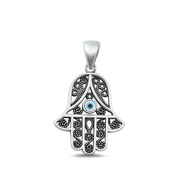 Sterling Silver Oxidized Hamsa Mother Of Pearl Pendant Face Height-22.7mm