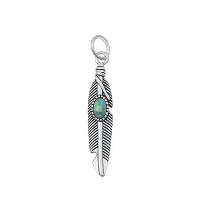 Sterling Silver Oxidized Feather Genuine Turquoise Pendant