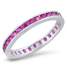 Load image into Gallery viewer, Sterling Silver Classy Eternity Band Ring with Ruby Simulated Crystals on Channel Setting with Rhodium FinishAnd Band Width 3MM