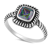 Sterling Silver Fancy Princess Cut Rainbow Topaz Simulated Diamond with Rope Design Face Height 8MM