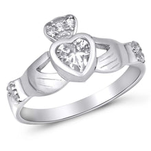 Load image into Gallery viewer, Sterling Silver Claddagh Shaped Clear CZ RingAnd Face Height 11mmAnd Band Width 2mm