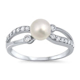 Sterling Silver Freshwater Round Pearl With Clear CZ RingAnd Face Height 6mm
