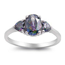 Load image into Gallery viewer, Sterling Silver Elegant 3 Stone Ring with Centered Oval Cut Rainbow Topaz Simulated Diamond and Two Heart Cut Diamonds Side Views On Pring SettingAnd Face Height 6MM