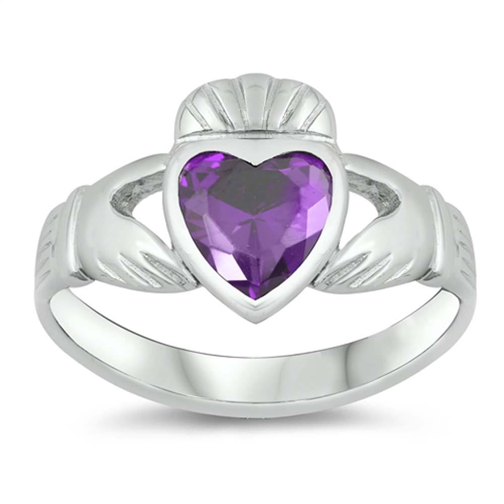 Sterling Silver Amethyst Claddagh Shaped CZ RingAnd Face Height 12mmAnd Band Width 3mm
