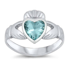 Load image into Gallery viewer, Sterling Silver Aquamarine Claddagh Shaped CZ RingAnd Face Height 12mmAnd Band Width 3mm