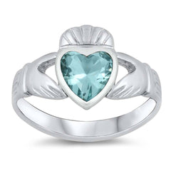 Sterling Silver Aquamarine Claddagh Shaped CZ RingAnd Face Height 12mmAnd Band Width 3mm