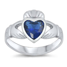 Load image into Gallery viewer, Sterling Silver Blue Sapphire Claddagh Shaped Clear CZ RingAnd Face Height 12mmAnd Band Width 3mm