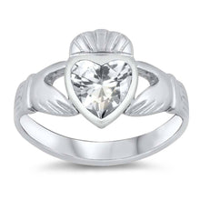 Load image into Gallery viewer, Sterling Silver Claddagh Shaped Clear CZ RingAnd Face Height 12mm