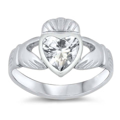 Sterling Silver Claddagh Shaped Clear CZ RingAnd Face Height 12mm