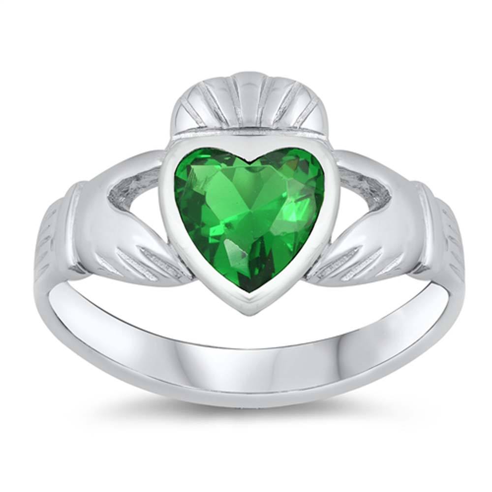 Sterling Silver Emerald Claddagh Shaped CZ RingAnd Face Height 12mmAnd Band Width 3mm