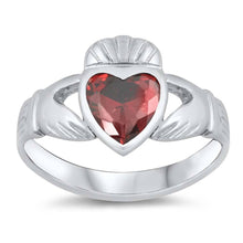 Load image into Gallery viewer, Sterling Silver Garnet Claddagh Shaped CZ RingAnd Face Height 12mmAnd Band Width 3mm